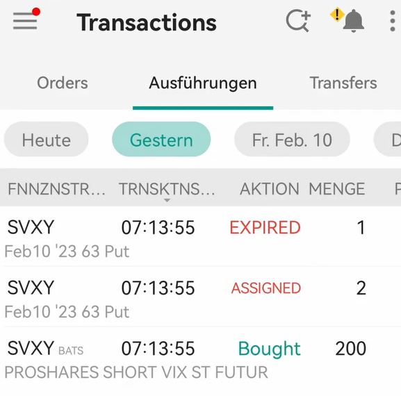 Short am Verfallstag Ausübung nach Verfall Beispiel SVXY